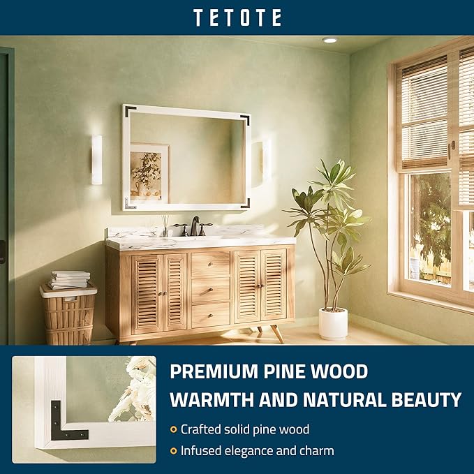 TETOTE 40 x 30 White Wood Framed Mirror for Bathroom Wall/Bedroom/Living Room/Entryway Farmhouse Rustic Bathroom Vanity Mirror Waterproof (Horizontal/Vertical Mounted)