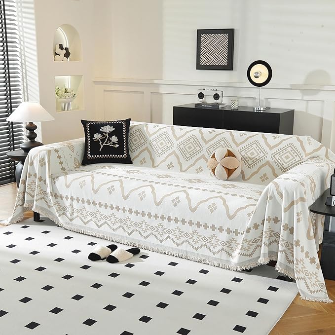 LUFEIJIASHI Boho Couch Covers for Sofa Non Slip Sofa Covers Washable Couch Covers for 3 Cushion Couch Sofa Pet Friendly Sectional Couch Cover Blanket Furniture Protector for Dogs (Khaki, 71"x118")