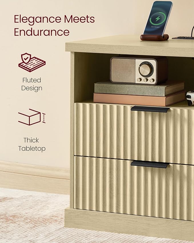 VASAGLE MAXE Collection - Set of 2 Nightstands with Charging Station, Bedside Table, Side End Table with 2 Drawers, Open Shelf, 2 AC Outlets, 2 USB Ports, Transitional, Bedroom, Oak Beige ULET926Y01