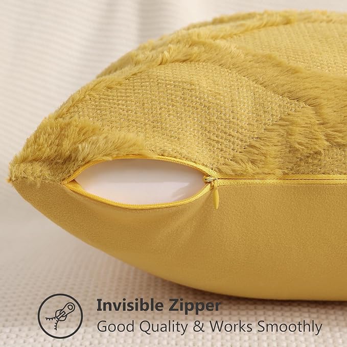 decorUhome Fall Throw Pillow Covers 22x22 Inch Set of 2, Soft Plush Faux Fur Wool Mustard Yellow Couch Pillow Covers, Decorative Neutral Pillow Cases for Bed Sofa Living Room Home Decor