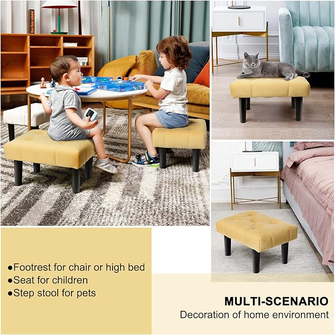 HOUCHICS Small Footstool Ottoman, Velvet Wooden Foot Stool Ottoman with Wood Legs, Sofa Footrest Extra Seating for Living Room Entryway Office(Yellow 2PACK)
