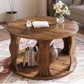 HSH Round Wood Coffee Table, Rustic Brown Circle Center Table with Storage, Farmhouse Wooden Living Room Coffee Tea Tables in Small Room, Unique Vintage 2 Tier Circular Middle Cocktail Table, 31.5 in