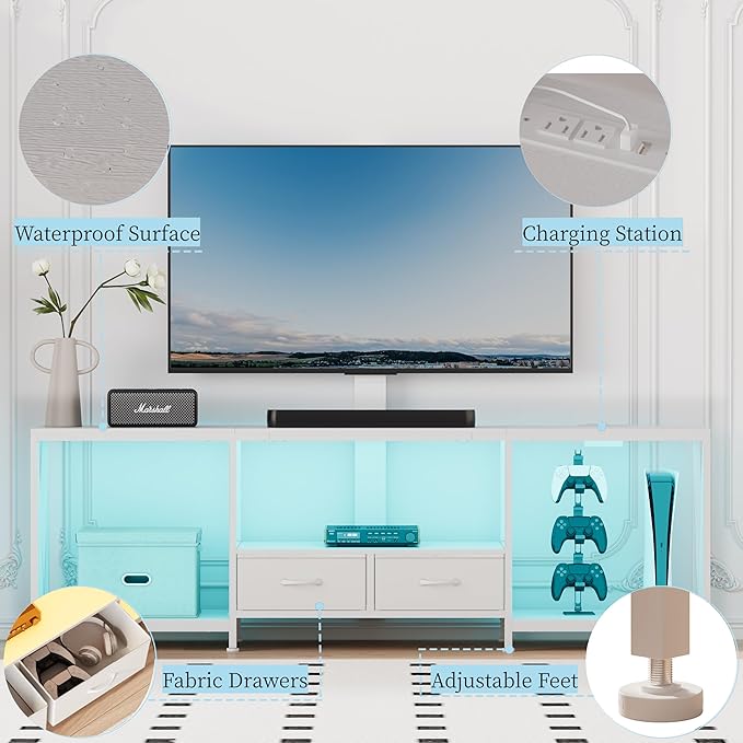 63" W TV Stand with Mount for 55,65,75" TV,Entertainment Center with Power Outlet and Led Lights,Height Adjustable TV Console Table with Open Storage Shelves and Fabric Drawers (White, 63" W)