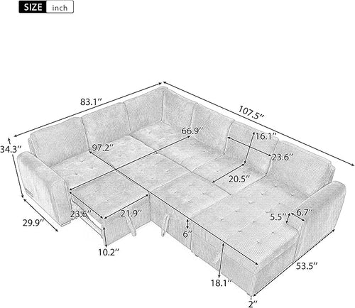107.5" Corduroy U Shaped Sofa,Sectional Sleeper Couch Pull Out Bed with Storage Chaise,Convertible Corner Sofa-Bed w/Portable Handles and Smooth Wheels,2 USB,for Living Room,Beige