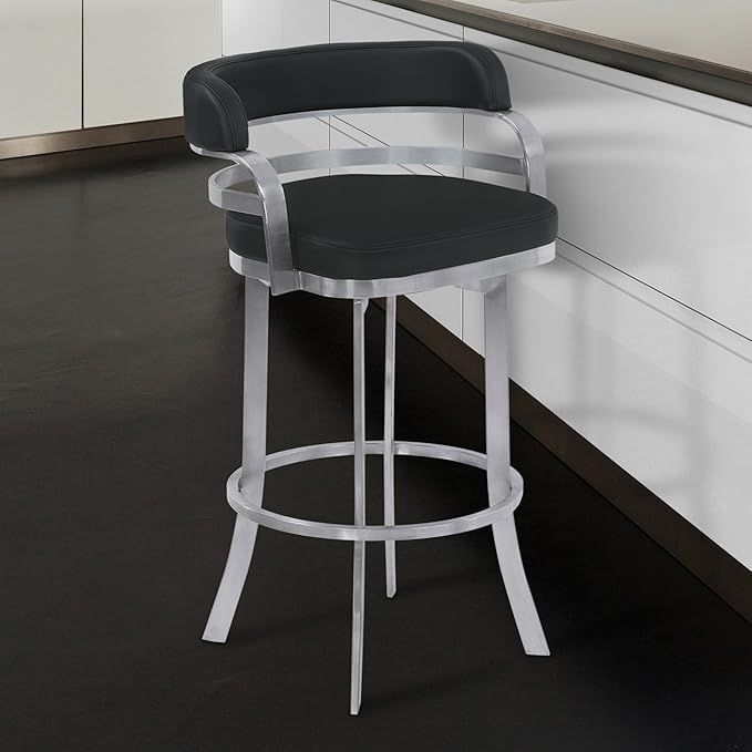 Armen Living Prinz 30" Bar Height Swivel Barstool in Black Faux Leather and Brushed Stainless Steel Finish