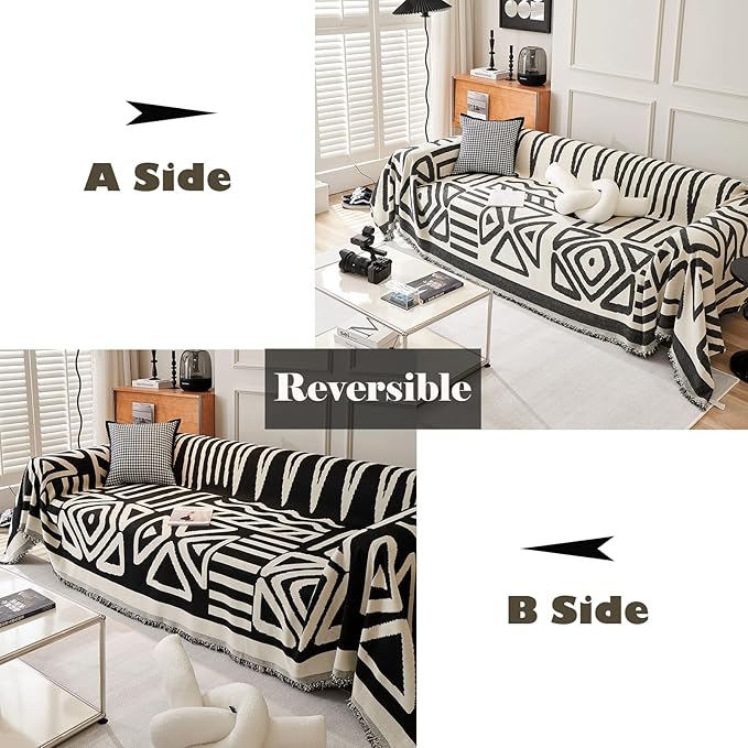 VM VOUGEMARKET Geometric Couch Cover for 3 Cushion Boho Chenille Sofa Cover Dog Proof Universal Sofa Slipcover L Shaped Furniture Cover with Tassels Sectional Couch Cover-71 x 134,Black