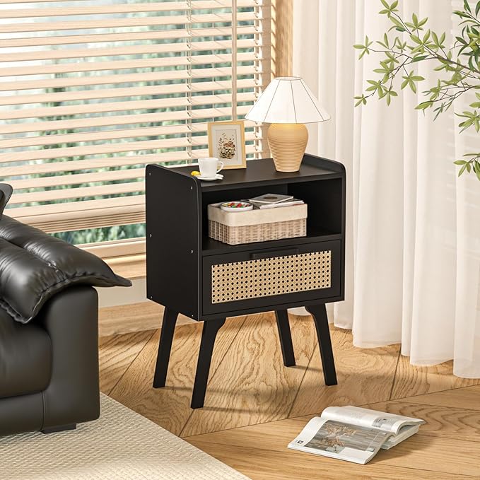 Lerliuo Rattan Nightstand, Bedside Table with Drawer Open Shelf, Cane Accent Side End Table with Solid Wood Legs, Black Mid Century Night Stand for Bedroom, Dorm and Small Spaces