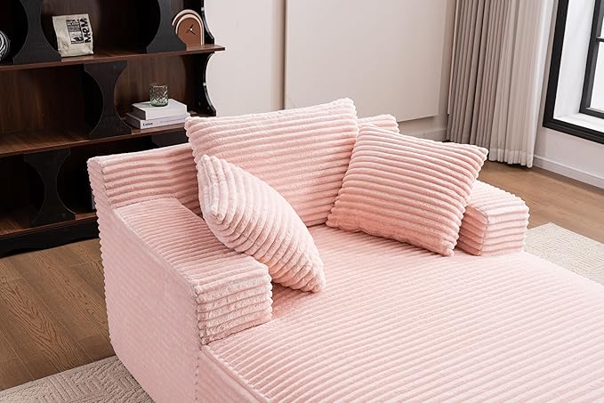 Oversized Chaise Daybed Lounge Sleeper Chair Sofa Bed Indoor, Fluffy Corduroy Upholstered Sleeper Recliner Sofabed Extra Wide Full Foam Cloud Sofabed W/3 Pillows for Home/Apartment Living Room Bedroom