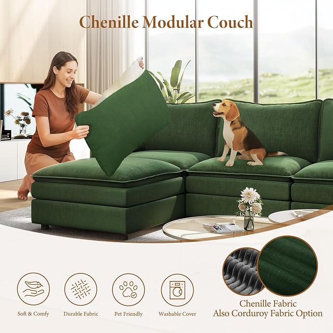 Vesgantti 142" U Shaped Sectional Couch, Comfy Cloud Modular Sectional Sofa with 2 Ottoman Deep Seat Chenille Modern Cloud Sofa, Modular Sofas for Living Room, Bedroom and Apartment, Green