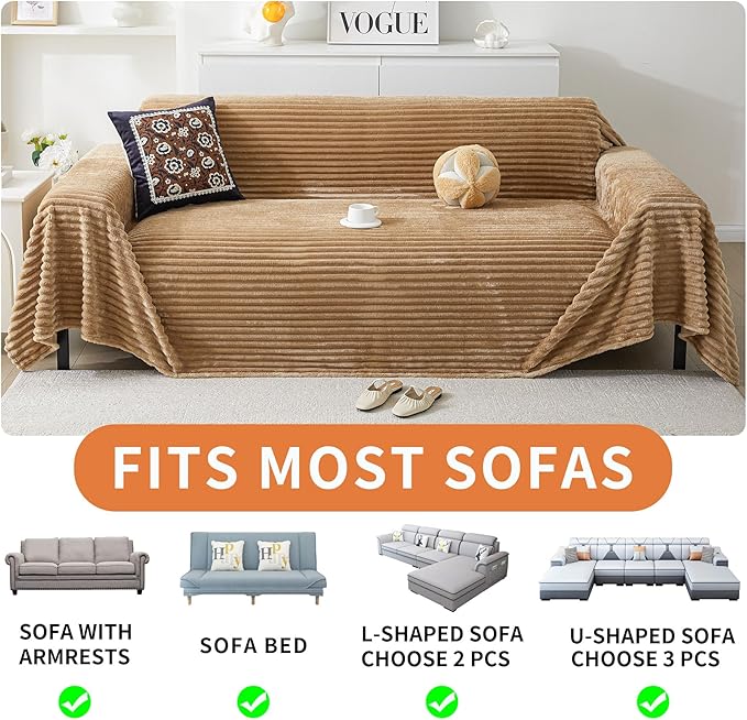 HAOMAIJIA Faux Fur Sofa Covers Couch Covers for 2 Cushion Couch Sofa Pet Friendly Soft Non Slip Couch Cover for Dogs Washable Sectional Couch Covers L Shape Furniture Protector (Khaki, 91"x118")