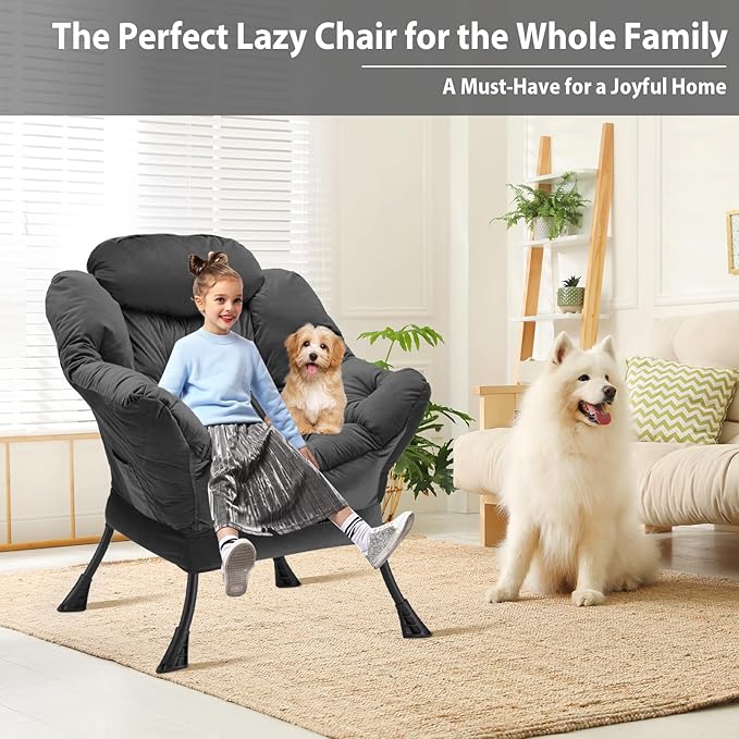 Lazy Chair Thick Padded, Comfy Velvet Accent Lounge Chair with Stable Frame, Leisure Sofa Armchair with Armrests and Side Pocket, Reading Chair for Bedroom, Living Room, Office, Charcoal