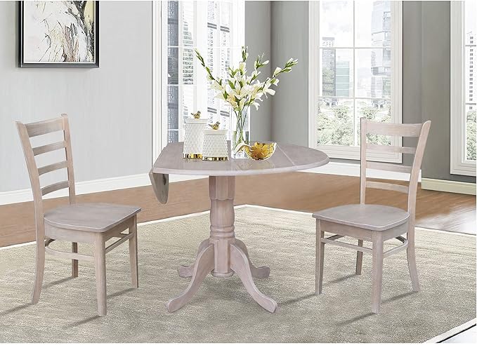 IC International Concepts, 42" Round Dual Drop Leaf Pedestal Dining Table, Solid Real Wood, Sturdy Parawood, Dimensions 42"D x 42"W x 29.5"H, 20mm thickness, 40lbs Weight Capacity, Washed Gray Taupe