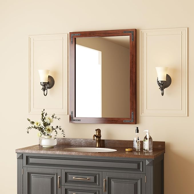 VocalStar Rustic Wood Framed Mirror 24 x 36 Inch, Natural Dark Brown Wooden Rectangle Bathroom Vanity Wall Mirror for Farmhouse Boho Decor, 1/4-inch Shatterproof Glass | Waterproof
