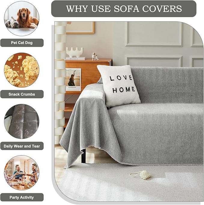 STACYPIK Soft Dark Gray Couch Cover for Pets, Herringbone Jacquard Sofa Covers for 3 Cushion Couch,Skin-Friendly Washable Sofa Covers for Loveseat, Non Slip Sectional Sofa Blanket Cover-91X150IN