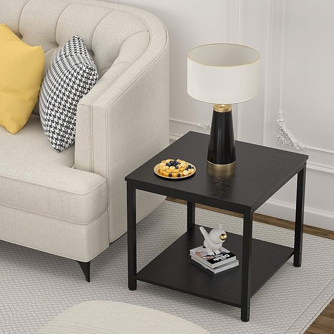 Homieasy Side Table 20 Inch Square, 2-Tier Coffee Tea End Table Nightstands for Sofa Couch Bed, Metal Wood Accent Modern Simple Industrial Style Side Table for Living Room Bedroom, Black