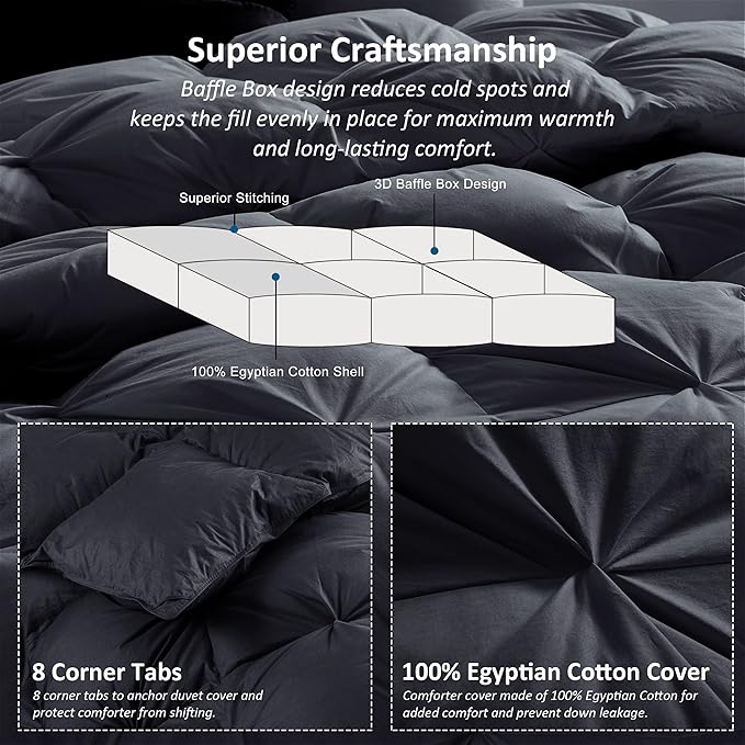 Luxurious All-Season Goose Down Feather Fiber Comforter Super King Size Duvet Insert (120x120), Exquisite Pinch Pleat Design- Black, Premium Baffle Box, 100% Egyptian Cotton Cover, 85 oz. Fill Weight