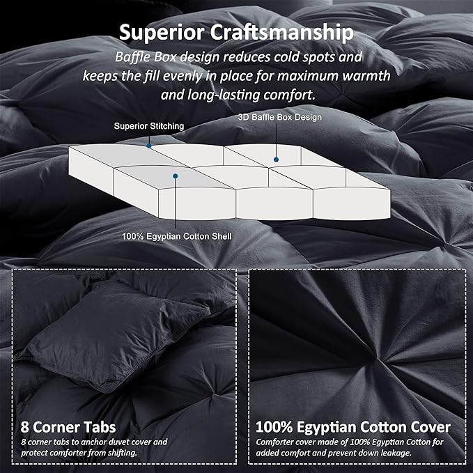 Luxurious All-Season Goose Down Feather Fiber Comforter Twin Size Duvet Insert, Exquisite Pinch Pleat Design, Premium Baffle Box, 100% Egyptian Cotton Cover, 50 oz. Fill Weight, Black