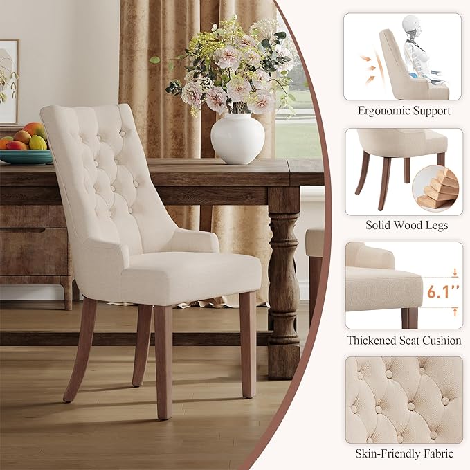 COLAMY Fabric Side Dining Chairs Set of 2, Wingback Upholstered Dining Room Chairs with Tufted Button, Living Room Chairs for Home Kitchen, Beige