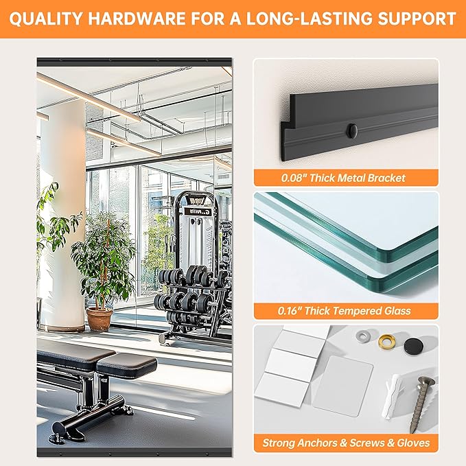 Hasipu 3 Pcs 55''x20'' Home Gym Mirror Large Full Length Wall Mounted Full Body Mirror for Yoga Dance Fitness Exercise Studio Bedroom Garage, Frameless Tempered Glass Workout Mirrors Black Rectangular