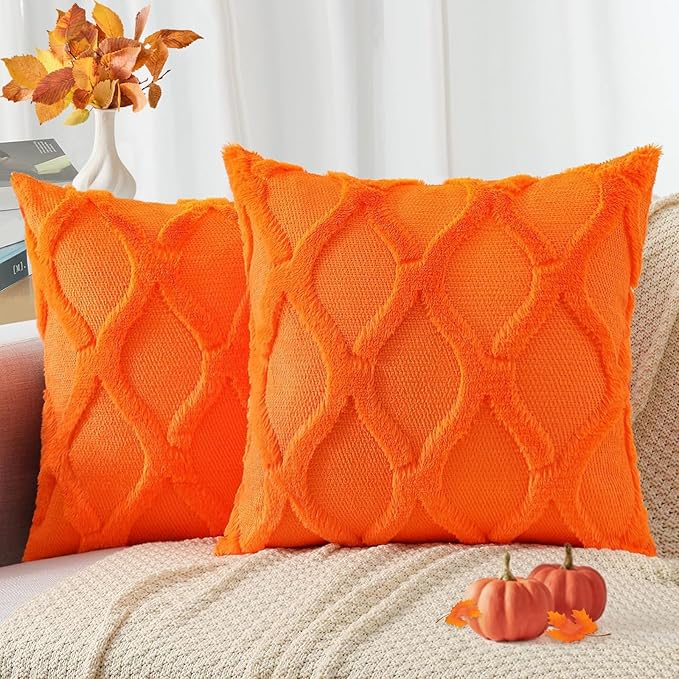 decorUhome Fall Throw Pillow Covers 20x20 Inch Set of 2, Soft Plush Faux Fur Wool Orange Couch Pillow Covers, Decorative Neutral Pillow Cases for Bed Sofa Living Room Home Decor