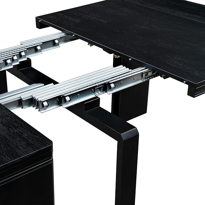 X02FO-2C6-24 - 5-piece Modern Dining Table Set a Rectangular Kitchen Table and 2 wooden Benches and 2 Black Linen Fabric Dining Chair, 39x120 Inch, Wire Brushed Black