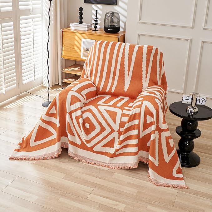 STACYPIK Thick Warm Orange Sofa Cover Armchair Slipcovers Boho Geometric Couch Cover for Sectional Sofa Caramel Loveseat Cover Anti-Slip Chenille Couch Protector for 2 Cushion Couch Home Decor-71X90IN