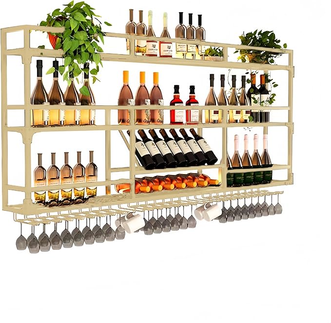 Metal Wall-Mounted Wine Rack with LED Light - 3 Tier Wine Storage Display Rack with Glass Holder - Space-Saving Bottle Display Shelf for Home Bars, Dining Rooms(Gold, 71in/180cm)