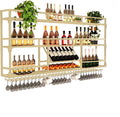 Metal Wall-Mounted Wine Rack with LED Light - 3 Tier Wine Storage Display Rack with Glass Holder - Space-Saving Bottle Display Shelf for Home Bars, Dining Rooms(Gold, 79in/200cm)