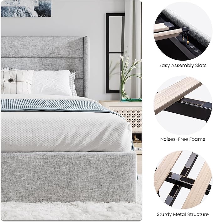 SHA CERLIN Full Size Lift Up Storage Bed/Modern Wingback Headboard/Upholstered Platform Bed Frame/Hydraulic Storage/No Box Spring Needed/Wood Slats Support/Light Grey
