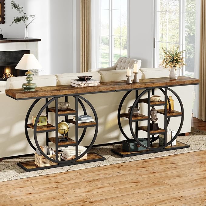 41" Console Table for Entryway, 4-Tier Industrial Narrow Wood Sofa Accent Tables with Circle Storage Shelves for Living Room, Hallway, Foyer (Rustic Brown)