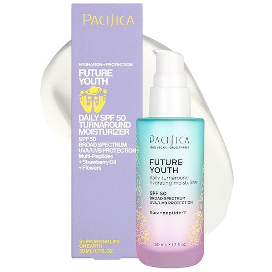 Pacifica Peptide Face Moisturizer Future Youth Daily Turnaround Hydrating, SPF 50 Broad Spectrum, UVA/UVB Sun Protection, Sunscreen, Face Moisturizer, Anti-Aging, Vegan, 1.7 fl oz (1 Count)