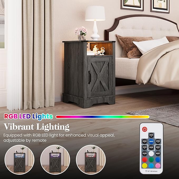 RoyalCraft Farmhouse Nightstand, Grey Night Stand with LED Lights and Charging Station, Bedside Table Set of 1 with Storage and Door, Wood End Table for Bedroom, Home Office, Dark Grey