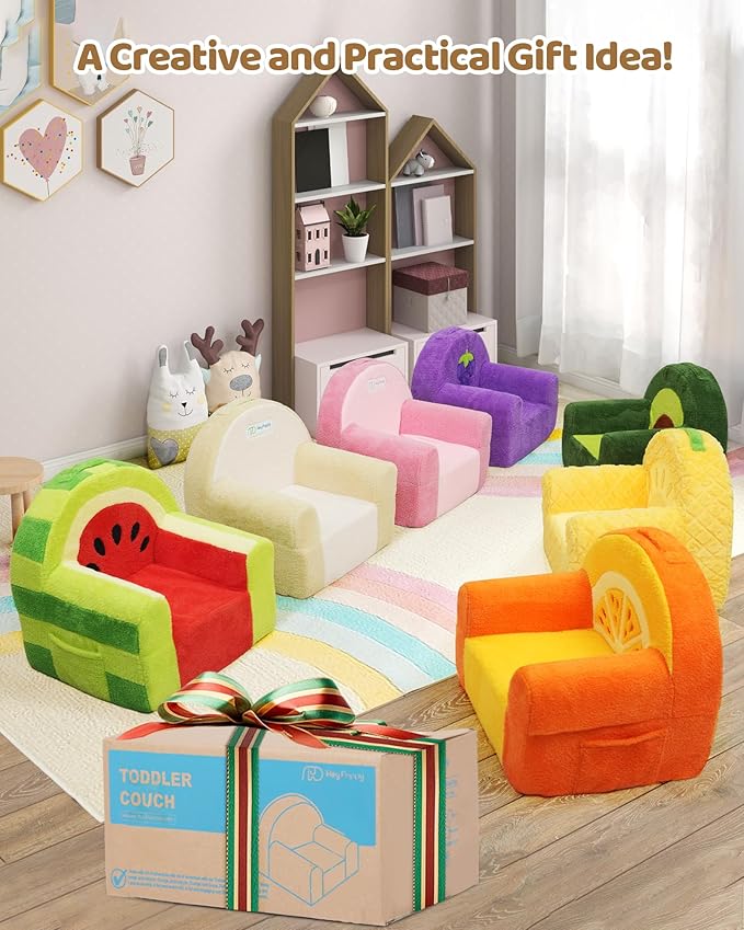 Toddler Chair, Comfy Foam Kids Couch with Soft Velvet Cover, Toddler Couch with Cute Orange Design for Gaming and Studying, Kids Sofa for Boys and Girls