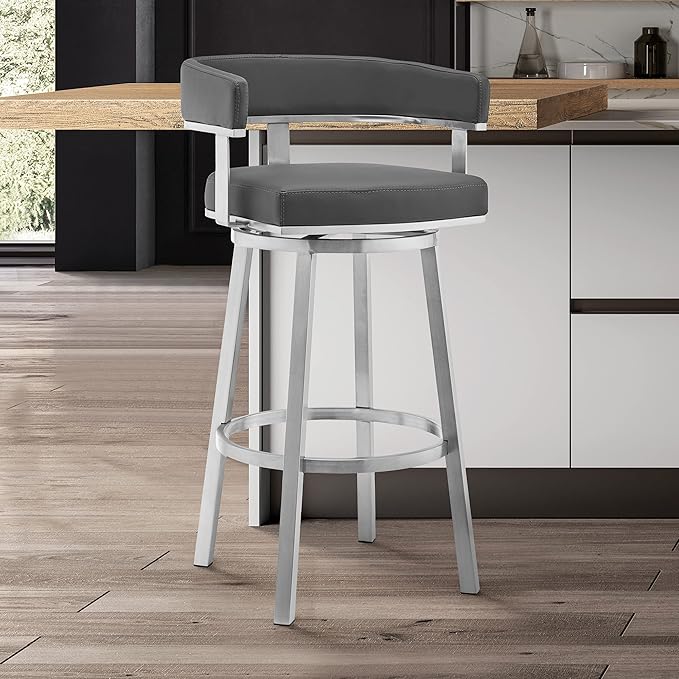 Armen Living Lorin Modern 26" Seat Height Gray Faux Leather and Brushed Stainless Steel Metal Swivel Bar Stool for Kitchen Island Counter