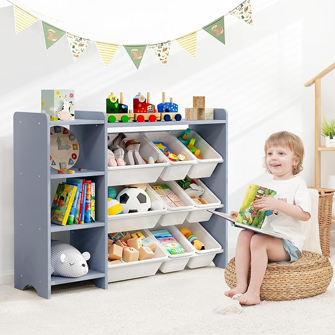 MallBest 4-Tier Kids' Toy Storage Organizer Shelf - 100% Solid Wood,Children's Storage Cabinet with 9 Plastic Bins and 3 Storage Ports(Grey-Single Color)