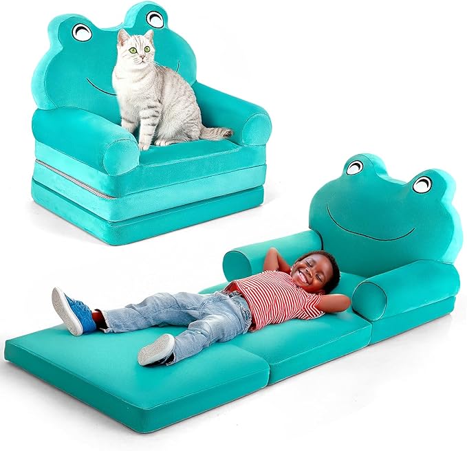 Kids Sofa Comfy, Adorable Animal Toddler Chair, Foldable Kids Couch with Removable Washable Cover, Soft & Breathable Fabric, No Assembly Needed, Foldable Baby Sofa(Green Frog)