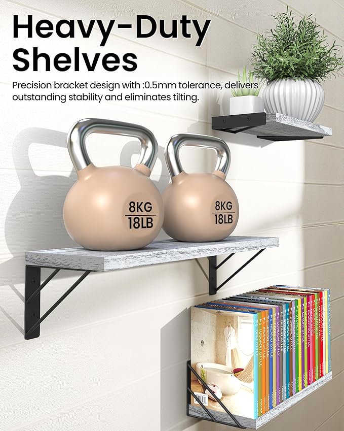 BAYKA Wall Shelves for Bedroom Decor, Floating Wall Shelves for Living Room Kitchen Storage, Wall Mounted Rustic Wood Floating Shelves for Kids Books,Corner Shelves for Bathroom(White，Set of 3)