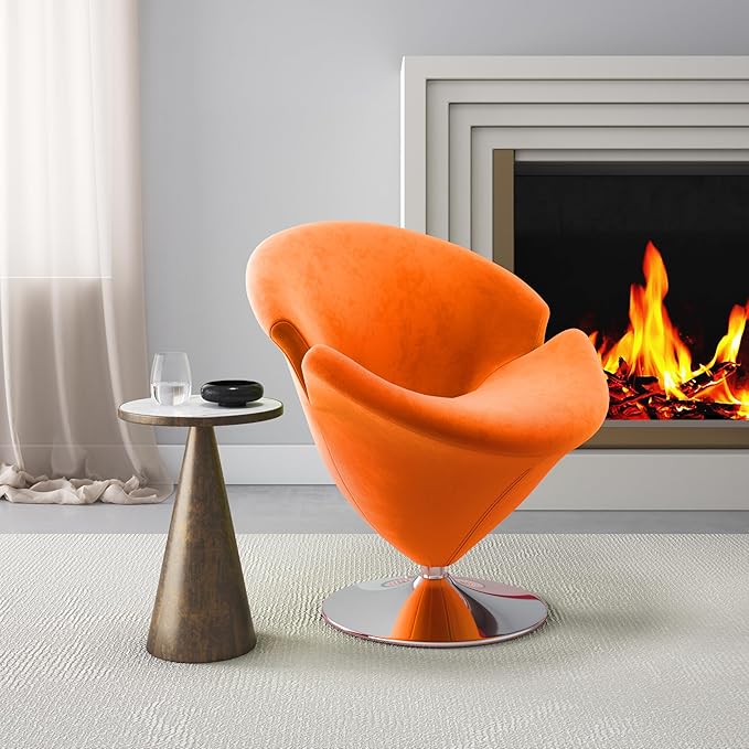 Manhattan Comfort Tulip Swivel Accent Chair Set of 2 with 360° Turn, Modern Flower Inspired Design, Soft Velvet Upholstery, Polished Chrome Base, No Assembly Required, 300 Lbs Capacity, Orange