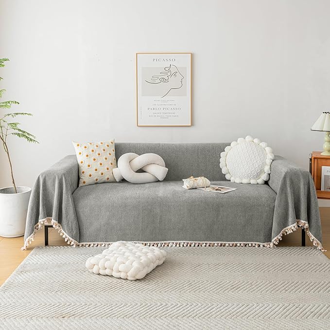 HANDONTIME Couch Slipcovers for Sofas Dark Grey Couch Cover Sofa Cover for Dogs Boho Pet Couch Protector with Tassel Chenille Herringbone Couch Cover for 2 3 Seat Washable Pet Friendly, 71" X118"