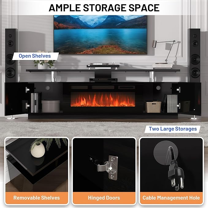 70" Fireplace TV Stand for TVs Up to 80", Entertainment Center with 36inch Fireplace, 12 Flame & LED Colors, 2-Tier TV Console & Storage Cabinet