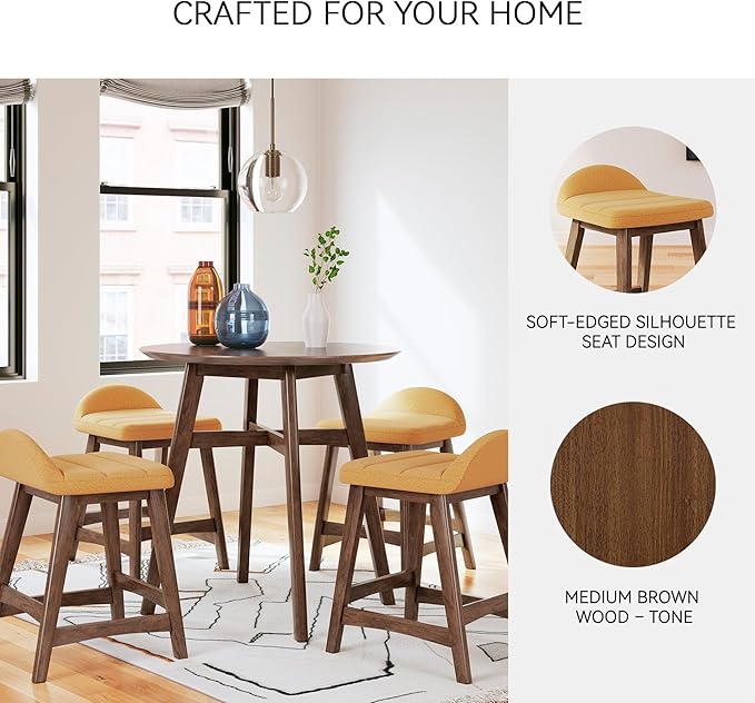 Signature Design by Ashley Lyncott Contemporary 28.5" Counter Height Upholstered Bar Stool with Foam Cushion, 2 Count, Mustard & Brown