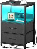Seventable Nightstand Set of 2 with Charging Station, Bedside Table with LED Lights, Night Stand with 2 Fabric Drawers, 3-Tier Storage End Table for Bedroom, Black