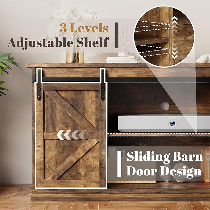 YESHOMY TV Stand for Televisions up to 65 Inchs, with Sliding Barn Doors and 4 Storage Drawers, Console Table and Media Furniture for Living Room, 58 Inch, Barnwood