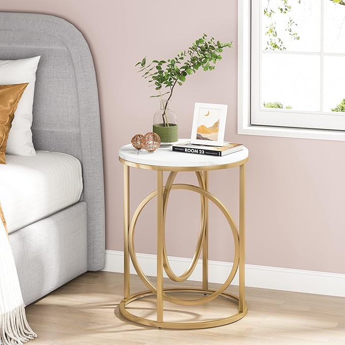 Tribesigns Round End Table for Living Room Set of 2, Modern Marble Side Table with Gold Metal Frame, White and Gold Accent Table, 26-Inch Tall Narrow Nightstand for Bedroom