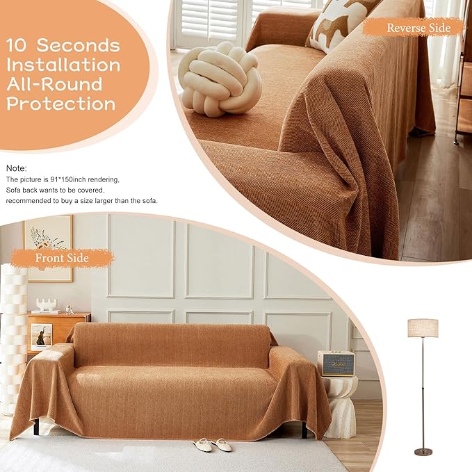 STACYPIK Thick Burnt Orange Sofa Cover, Breathable Chenille Couch Cover for Sectional, Pet Friendly Protector for 3 Cushion Couch, Pumpkin Loveseat Cover for L-Shaped, Washable Sofa Slipcover-71X150IN