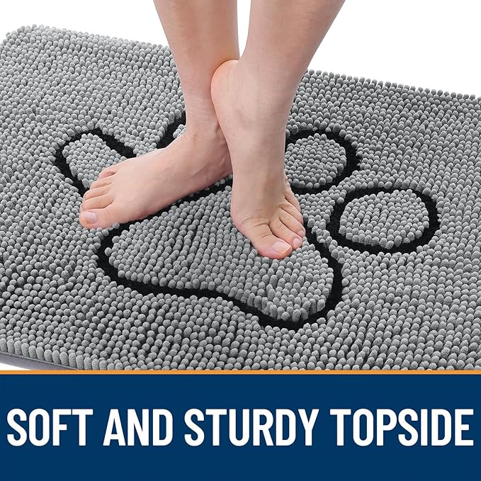OLANLY Door Mat for Muddy Dog Paws 59x24, Ultra Absorbent Chenille Mud Doormat with Paw Print Design, Non-Slip Washable Doormat for Indoor Entryway, Quick-Dry Pet Bed Mats for Dirty Dogs, Grey