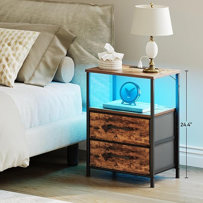 Nightstands Set of 2, Night Stand with Charging Station and Led Lights, Bedside Table with 2 Fabric Drawers for Bedroom, Small Side End Table with Open Shelf, Rustic Brown