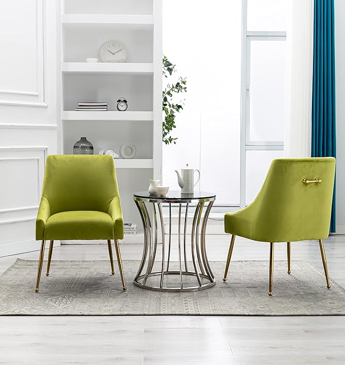 Velvet Dining Chairs Set of 2, Furniture Collection Modern Contemporary Upholstered with Polished Gold Metal Legs(Yellow Green)