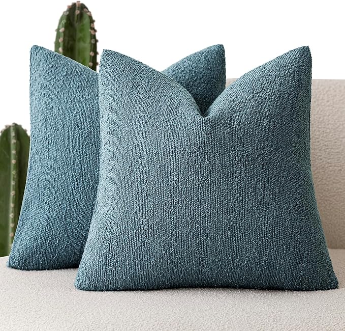 Foindtower Pack of 2 Textured Boucle Throw Pillow Covers Accent Solid Decorative Pillow Cases Cozy Woven Couch Cushion Case for Sofa Bedroom Living Room Home Decor 20x20 Inch Misty Blue