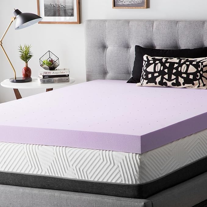 Lucid 4 Inch Lavender Infused Memory Foam Mattress Topper - Ventilated Design – Pressure Relieving Bed Topper - Mattress Pad – CertiPur Certified - King Size